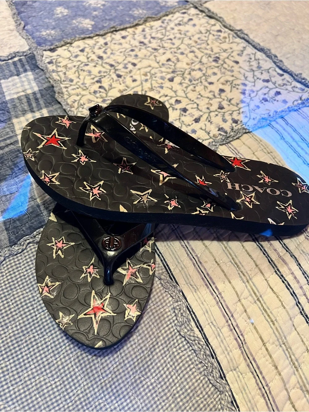 Coach Black Flip Flops with Pink and White Star Print - Picture 2 of 6